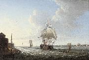 Dominic Serres An English man-o'war shortening sail entering Portsmouth harbour, with Fort Blockhouse off her port quarter Spain oil painting artist